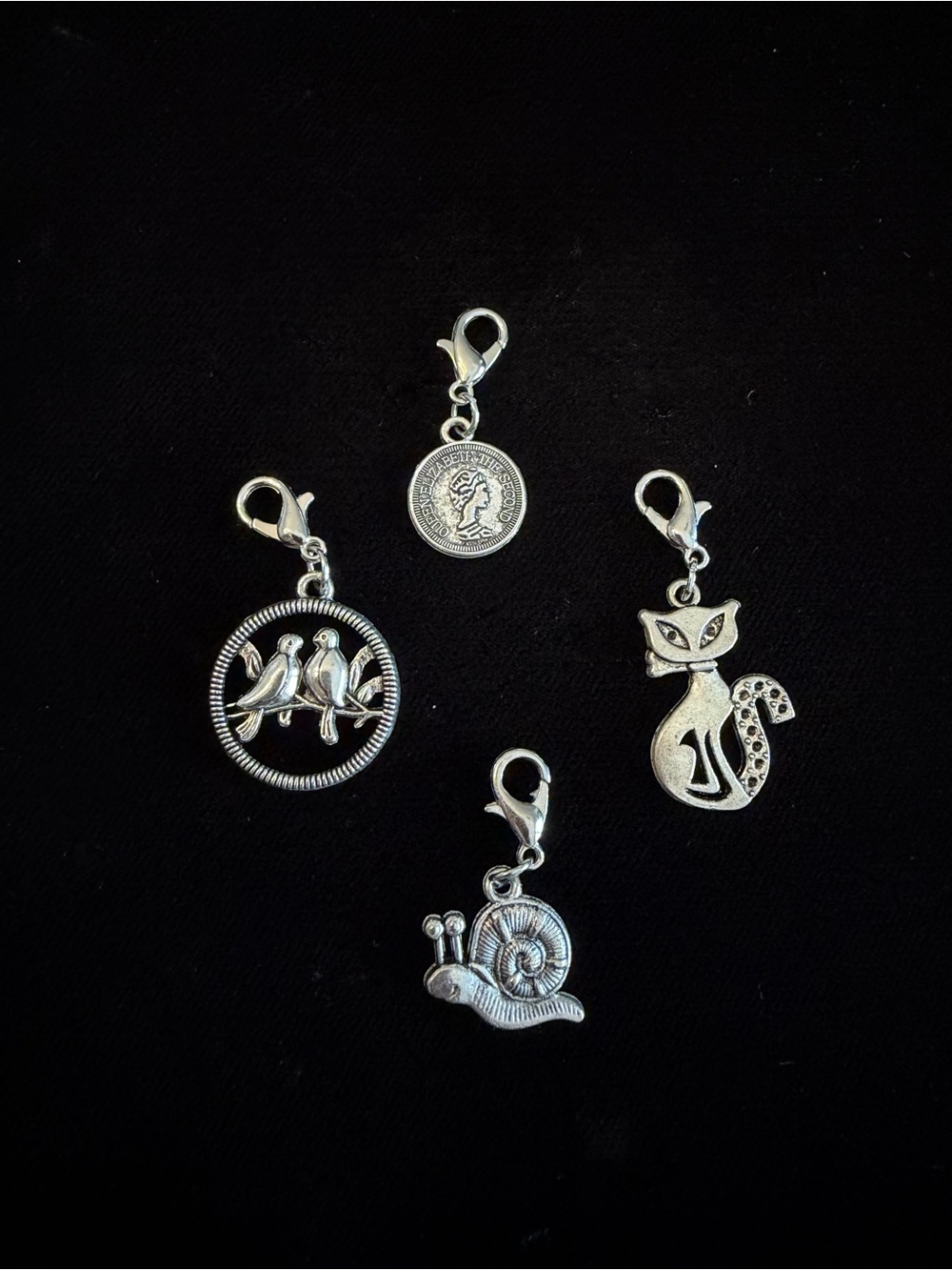 Silver-Tone Small Charm Collection - Love Birds, Coin, Cat, Snail